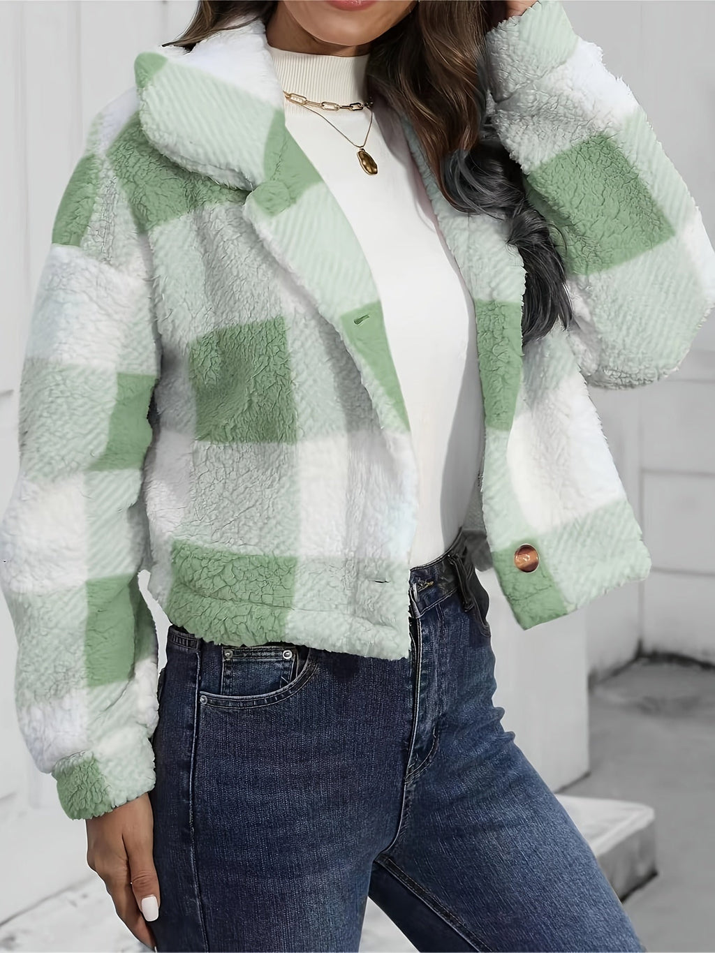 Fleece Cropped Jacket Plaid Green Women's Button-Up – Casual, Winter Warmth, Layering, Gift