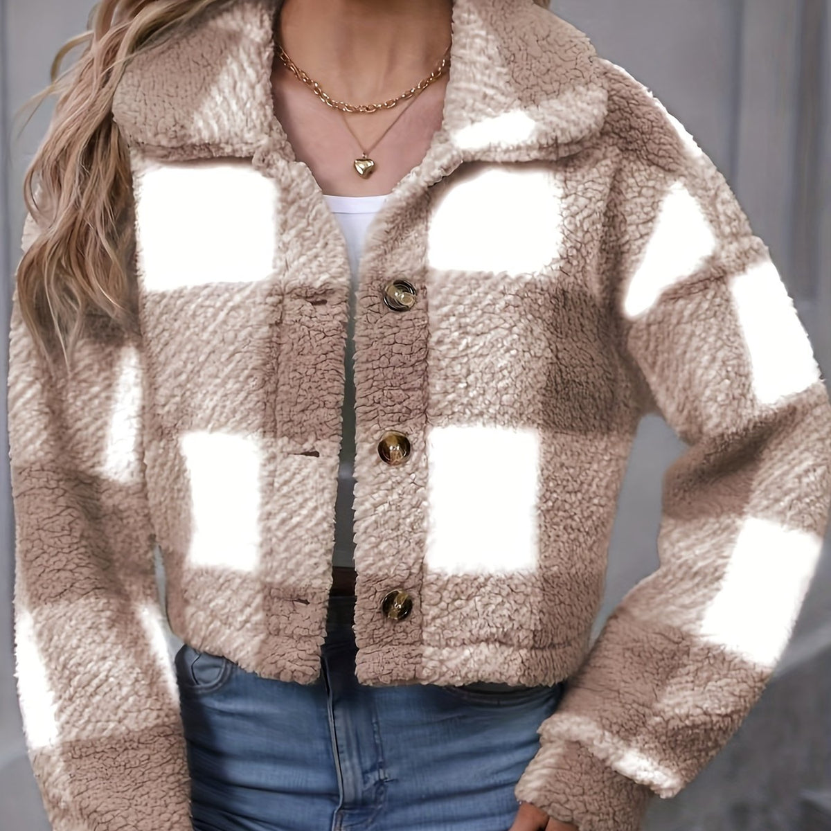 Fleece Cropped Jacket Plaid Green Women's Button-Up – Casual, Winter Warmth, Layering, Gift