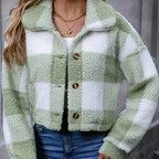 Fleece Cropped Jacket Plaid Green Women's Button-Up – Casual, Winter Warmth, Layering, Gift