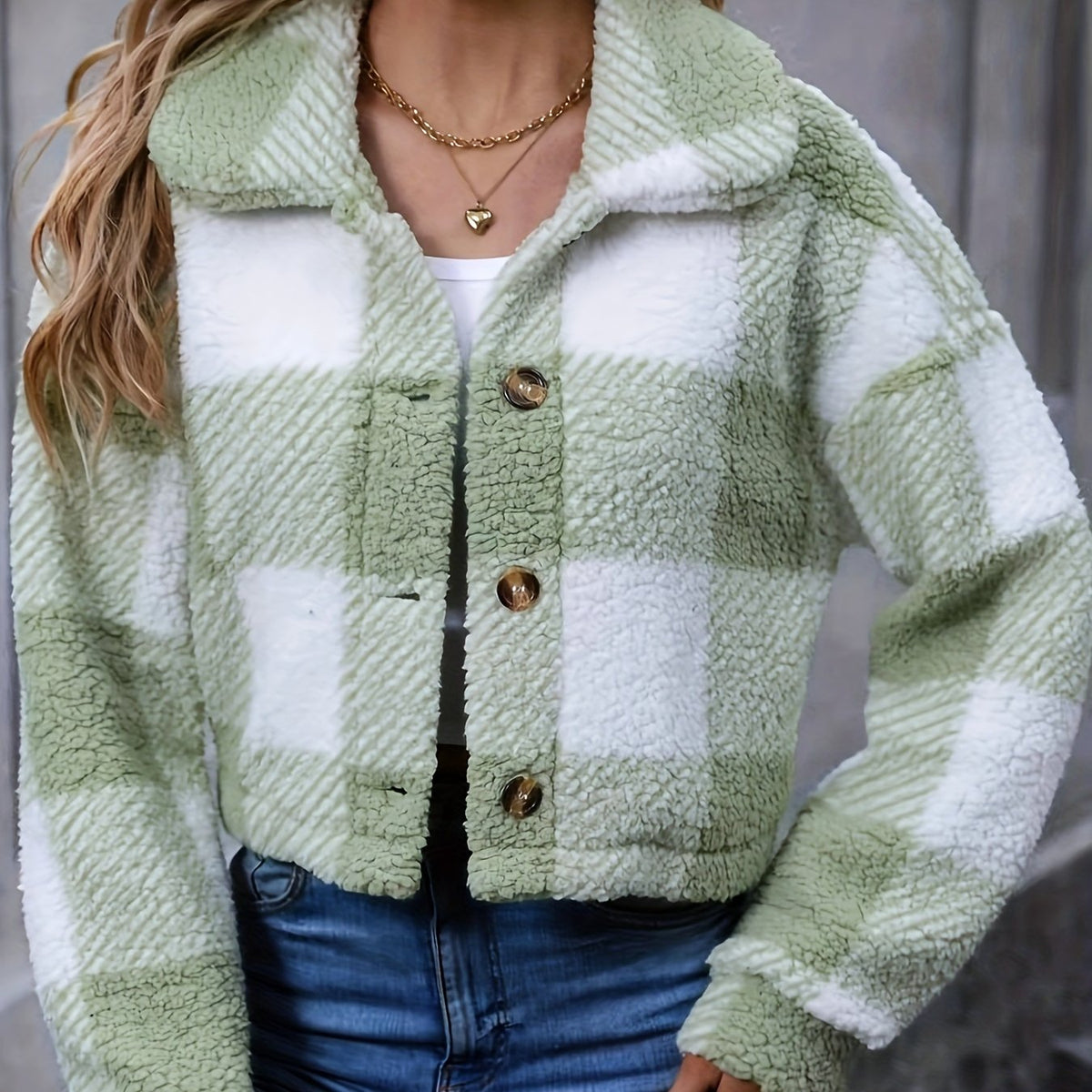 Fleece Cropped Jacket Plaid Green Women's Button-Up – Casual, Winter Warmth, Layering, Gift