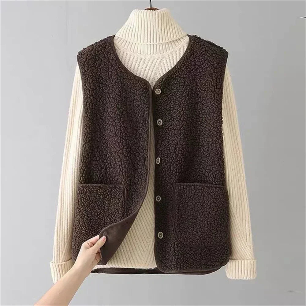 Fleece Gilet Sleeveless Vest Brown Women's – Casual, Winter Layering, Cosy Everyday Warmth