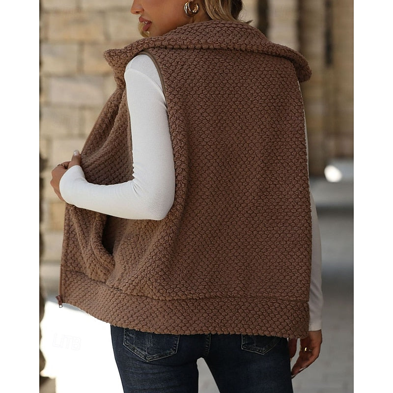 Fleece Gilet Vest Brown Women's Sleeveless Zip-Up – Casual, Office, Holiday, Gift