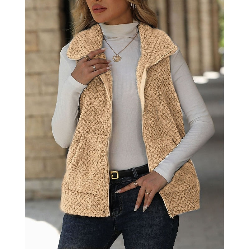 Fleece Gilet Vest Brown Women's Sleeveless Zip-Up – Casual, Office, Holiday, Gift