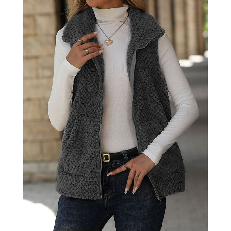 Fleece Gilet Vest Brown Women's Sleeveless Zip-Up – Casual, Office, Holiday, Gift