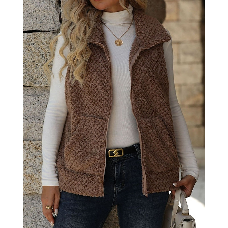 Fleece Gilet Vest Brown Women's Sleeveless Zip-Up – Casual, Office, Holiday, Gift