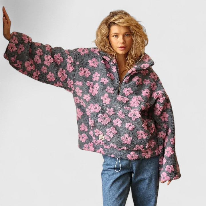 Fleece Half-Zip Pullover Floral Grey Women's Sweater – Casual, Cosy Winter Layering Gift