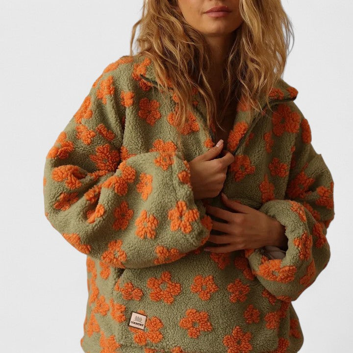 Fleece Half-Zip Pullover Floral Grey Women's Sweater – Casual, Cosy Winter Layering Gift