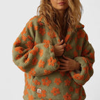 Fleece Half-Zip Pullover Floral Grey Women's Sweater – Casual, Cosy Winter Layering Gift