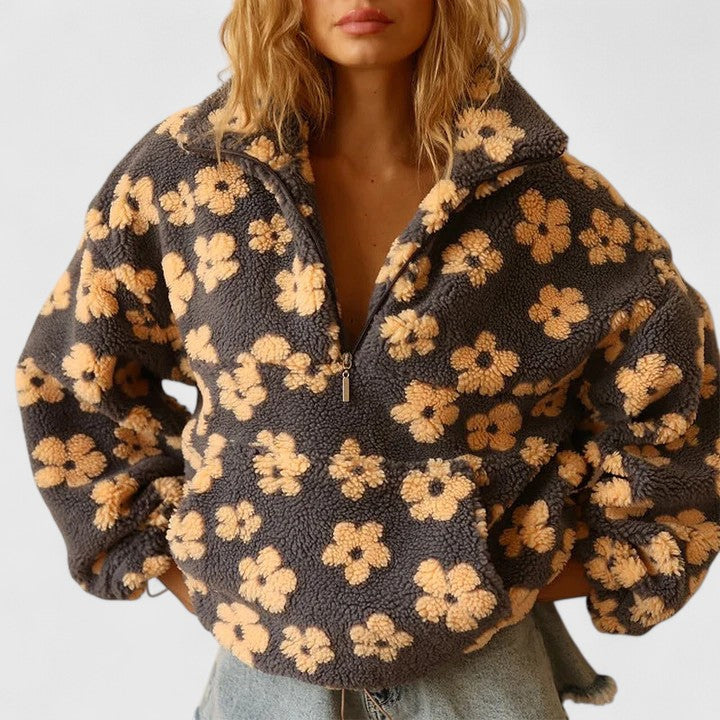 Fleece Half-Zip Pullover Floral Grey Women's Sweater – Casual, Cosy Winter Layering Gift