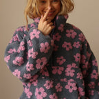 Fleece Half-Zip Pullover Floral Teddy Women's Oversized Sweatshirt – Casual, Winter Warmth