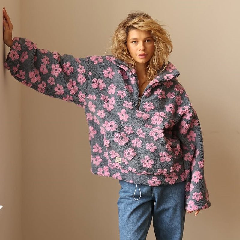 Fleece Half-Zip Pullover Floral Teddy Women's Oversized Sweatshirt – Casual, Winter Warmth