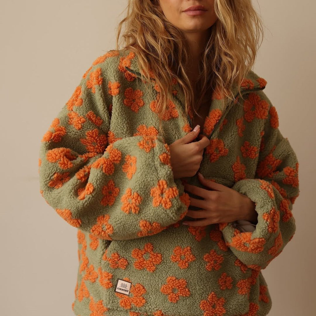 Fleece Half-Zip Pullover Floral Teddy Women's Oversized Sweatshirt – Casual, Winter Warmth