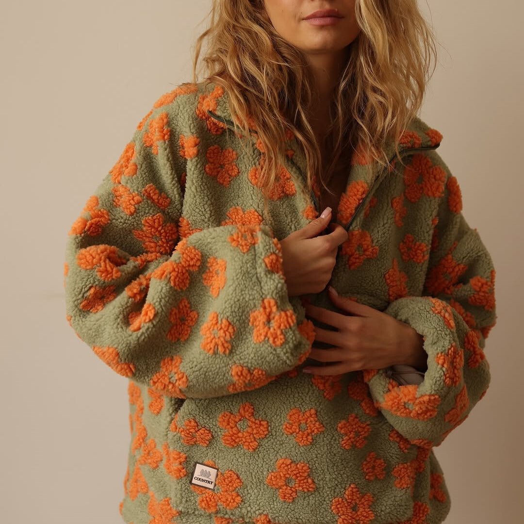 Fleece Half-Zip Pullover Floral Teddy Women's Oversized Sweatshirt – Casual, Winter Warmth