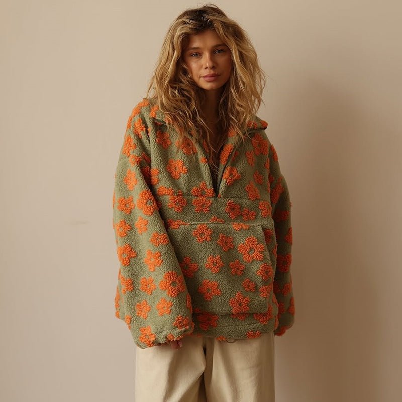 Fleece Half-Zip Pullover Floral Teddy Women's Oversized Sweatshirt – Casual, Winter Warmth