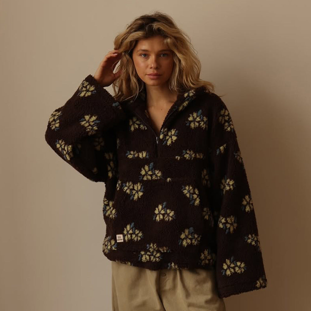 Fleece Half-Zip Pullover Floral Teddy Women's Oversized Sweatshirt – Casual, Winter Warmth
