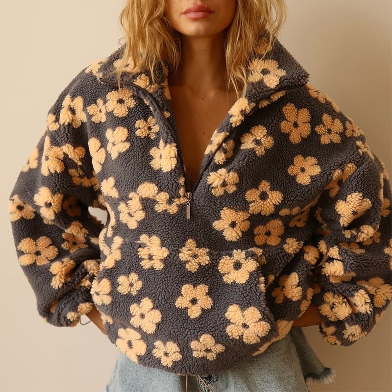 Fleece Half-Zip Pullover Floral Teddy Women's Oversized Sweatshirt – Casual, Winter Warmth