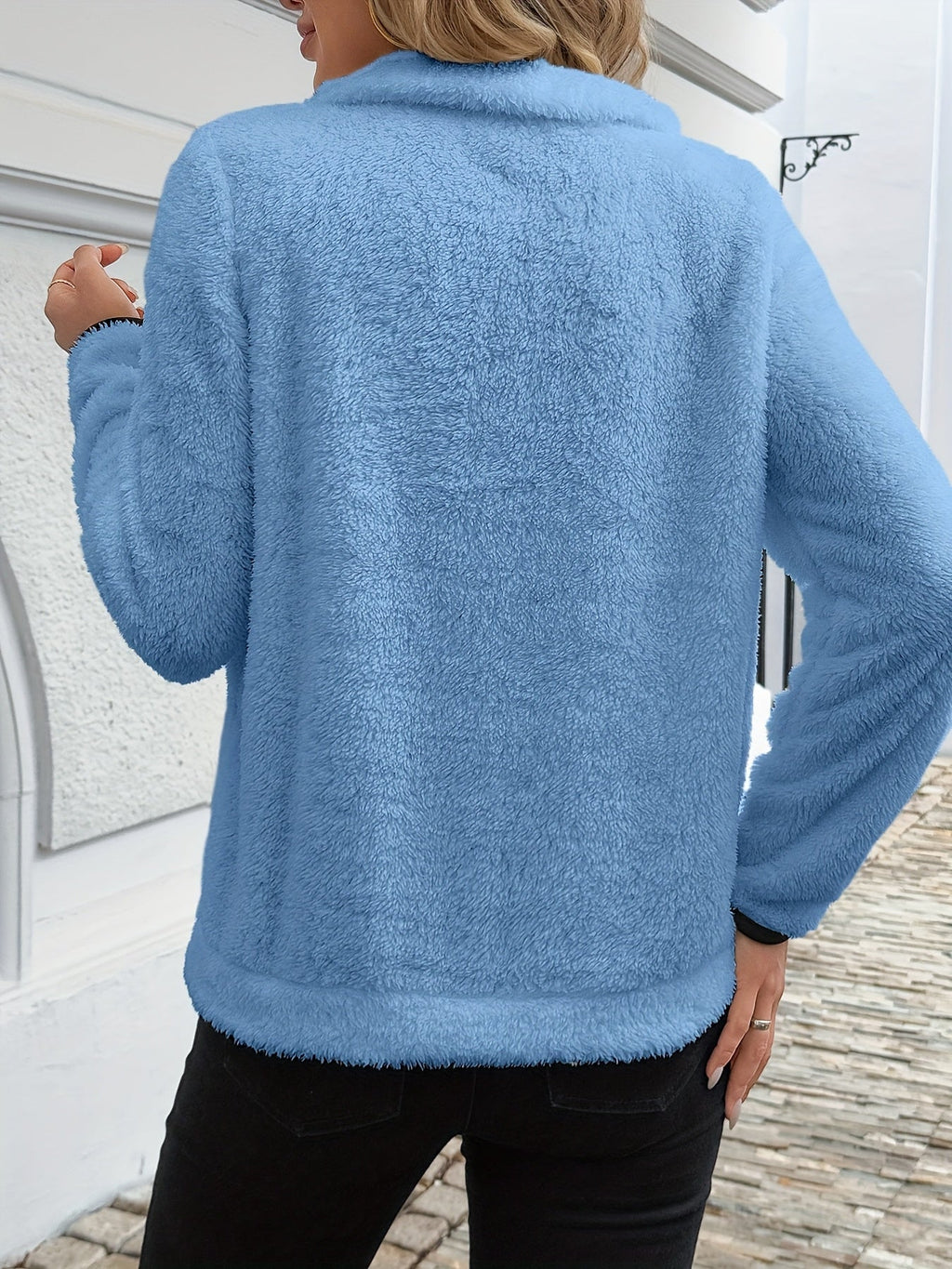 Fleece Half-Zip Pullover Women's Blue Sherpa Sweatshirt with Pockets – Casual, Winter Warmth