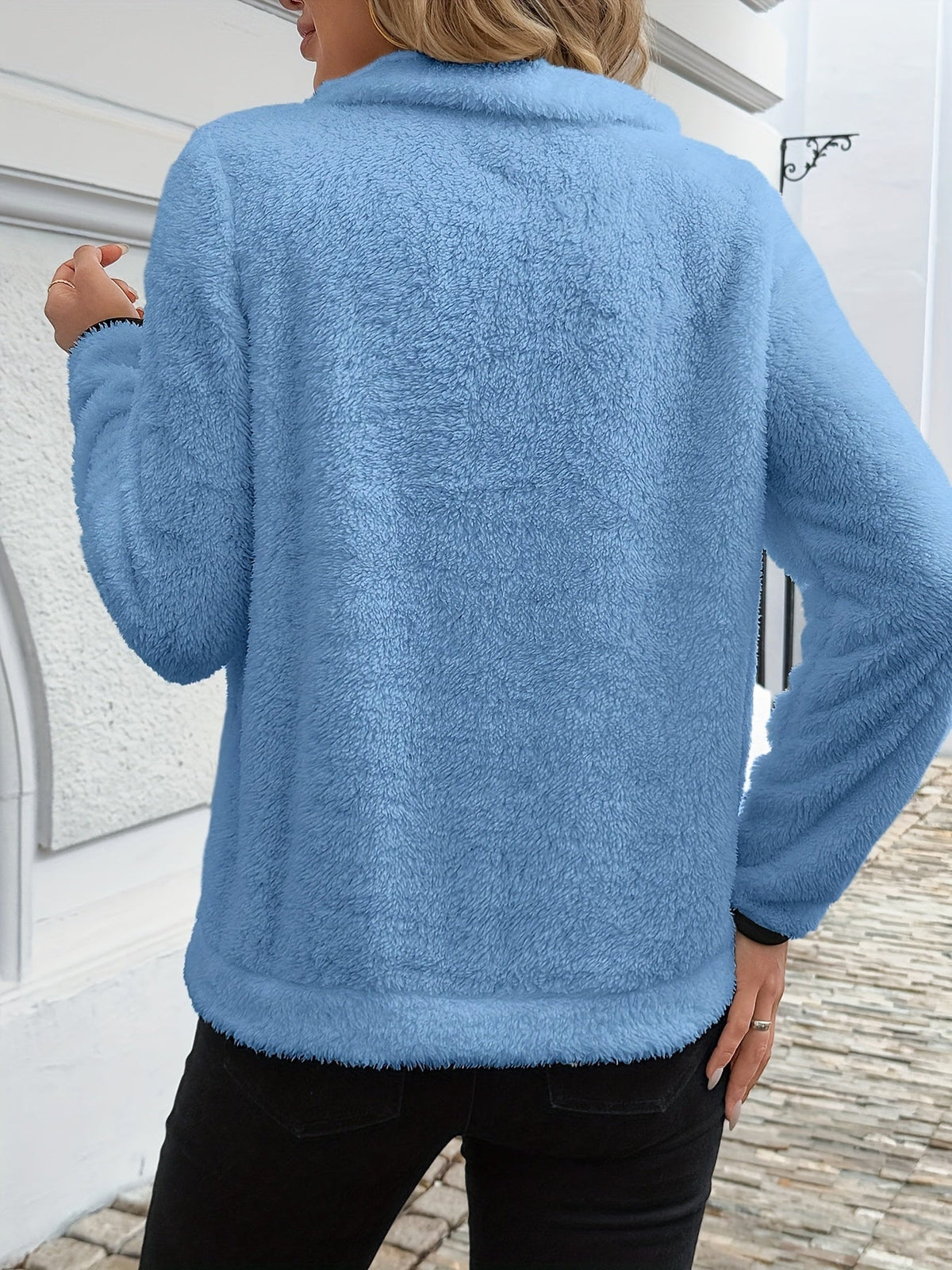 Fleece Half-Zip Pullover Women's Blue Sherpa Sweatshirt with Pockets – Casual, Winter Warmth