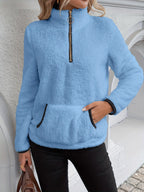 Fleece Half-Zip Pullover Women's Blue Sherpa Sweatshirt with Pockets – Casual, Winter Warmth