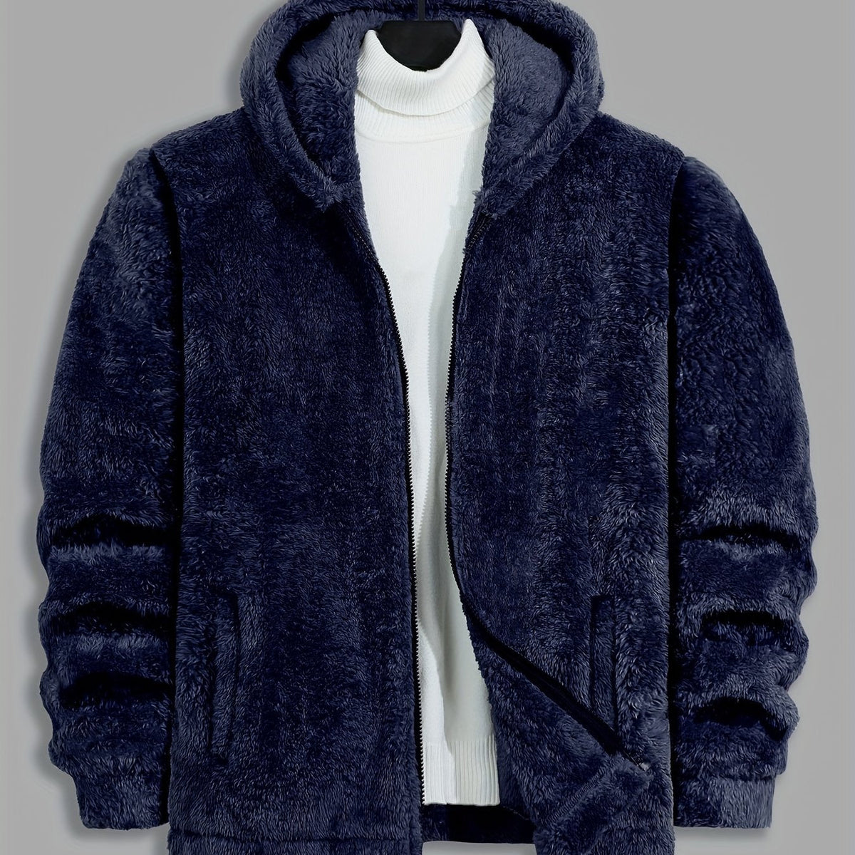 Fleece Hooded Jacket Navy Blue Men's Zip-Up – Casual, Winter Warmth · Werune
