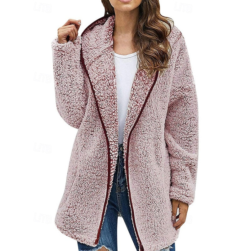 Fleece Hooded Jacket Women's Burgundy Longline Open Front Coat – Casual, Winter Warmth, Gift