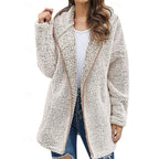 Fleece Hooded Jacket Women's Burgundy Longline Open Front Coat – Casual, Winter Warmth, Gift