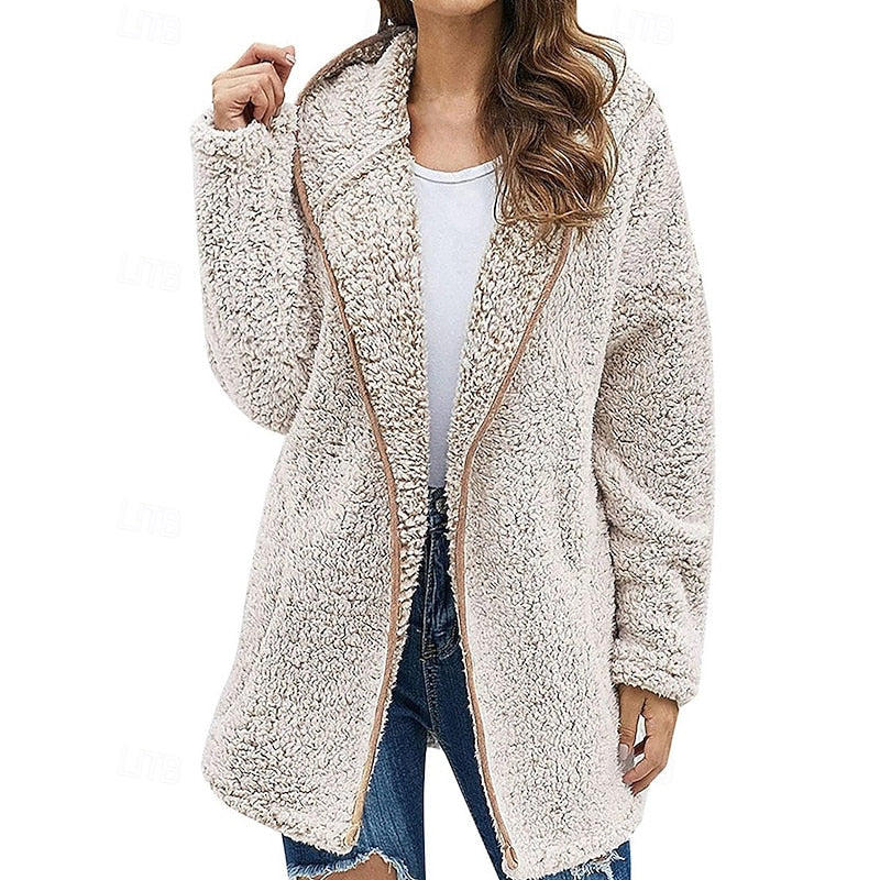 Fleece Hooded Jacket Women's Burgundy Longline Open Front Coat – Casual, Winter Warmth, Gift