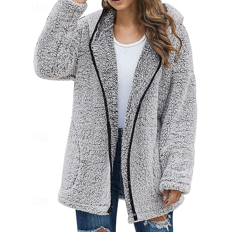 Fleece Hooded Jacket Women's Burgundy Longline Open Front Coat – Casual, Winter Warmth, Gift