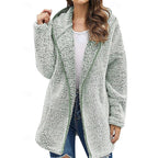 Fleece Hooded Jacket Women's Burgundy Longline Open Front Coat – Casual, Winter Warmth, Gift