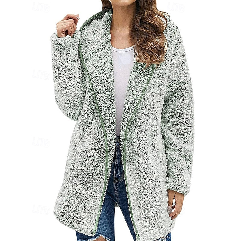 Fleece Hooded Jacket Women's Burgundy Longline Open Front Coat – Casual, Winter Warmth, Gift