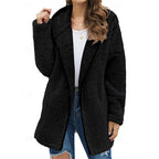 Fleece Hooded Jacket Women's Burgundy Longline Open Front Coat – Casual, Winter Warmth, Gift