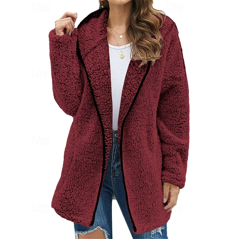 Fleece Hooded Jacket Women's Burgundy Longline Open Front Coat – Casual, Winter Warmth, Gift