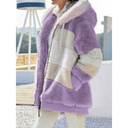 Fleece Hooded Jacket Women's Colour Block Zip-Up Fluffy Coat – Casual, Winter Warmth, Gift