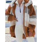 Fleece Hooded Jacket Women's Colour Block Zip-Up Fluffy Coat – Casual, Winter Warmth, Gift