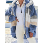 Fleece Hooded Jacket Women's Colour Block Zip-Up Fluffy Coat – Casual, Winter Warmth, Gift