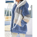 Fleece Hooded Jacket Women's Colour Block Zip-Up Fluffy Coat – Casual, Winter Warmth, Gift