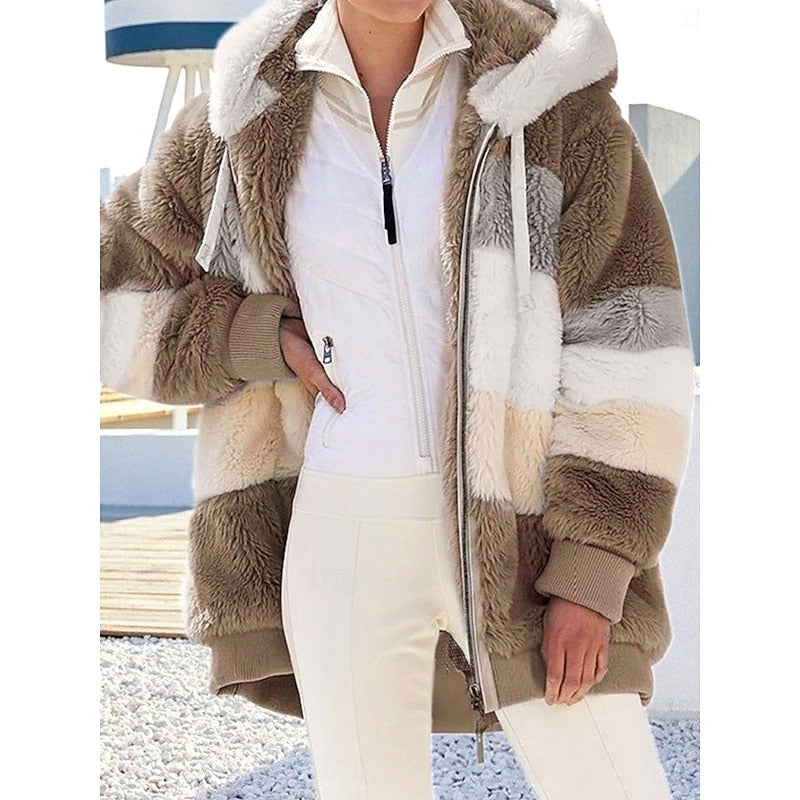 Fleece Hooded Jacket Women's Colour Block Zip-Up Fluffy Coat – Casual, Winter Warmth, Gift