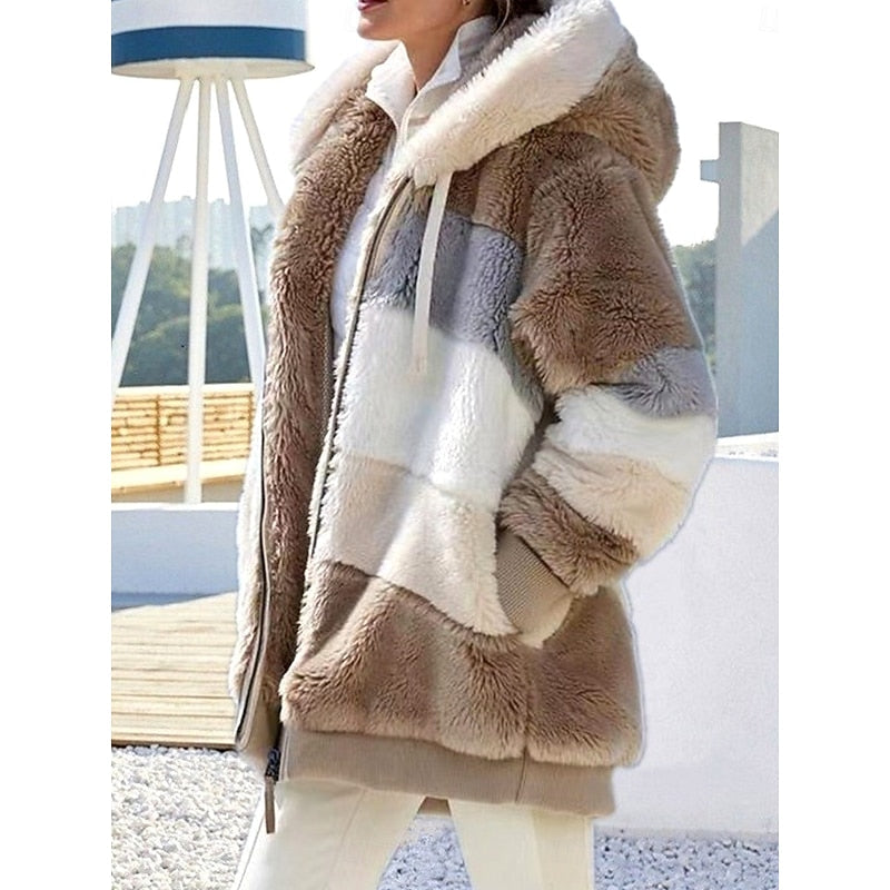 Fleece Hooded Jacket Women's Colour Block Zip-Up Fluffy Coat – Casual, Winter Warmth, Gift