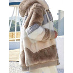 Fleece Hooded Jacket Women's Colour Block Zip-Up Fluffy Coat – Casual, Winter Warmth, Gift