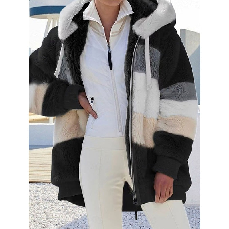 Fleece Hooded Jacket Women's Colour Block Zip-Up Fluffy Coat – Casual, Winter Warmth, Gift