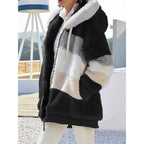 Fleece Hooded Jacket Women's Colour Block Zip-Up Fluffy Coat – Casual, Winter Warmth, Gift