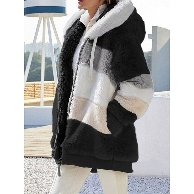 Fleece Hooded Jacket Women's Colour Block Zip-Up Fluffy Coat – Casual, Winter Warmth, Gift