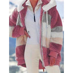 Fleece Hooded Jacket Women's Colour Block Zip-Up Fluffy Coat – Casual, Winter Warmth, Gift