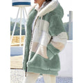 Fleece Hooded Jacket Women's Colour Block Zip-Up Fluffy Coat – Casual, Winter Warmth, Gift