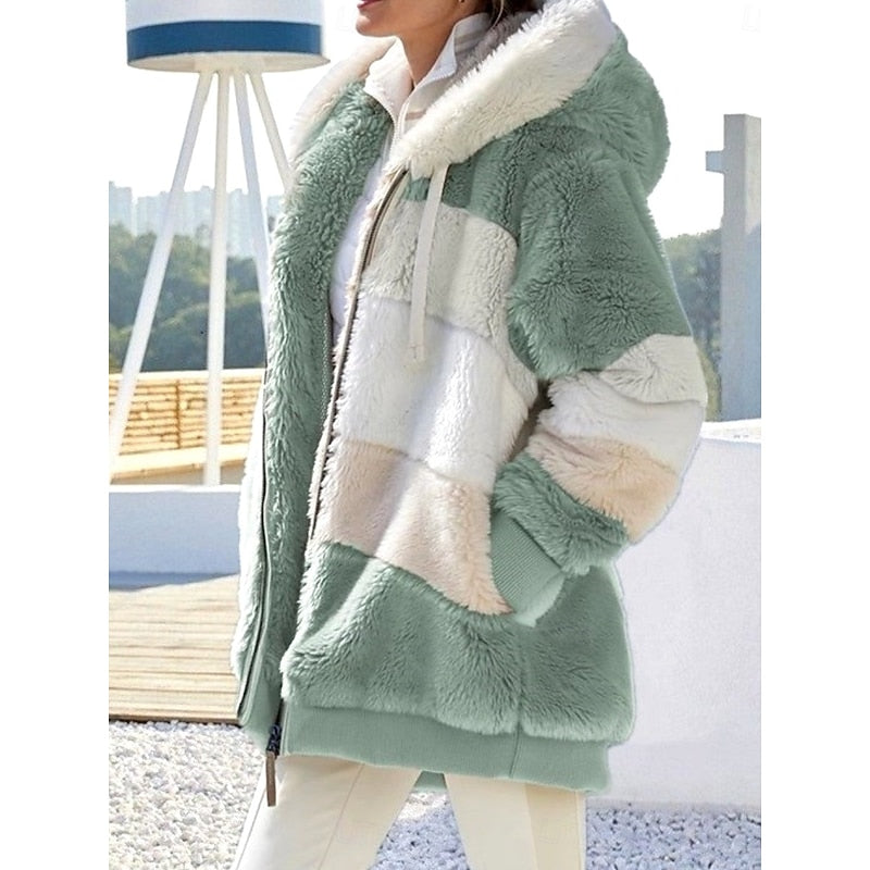 Fleece Hooded Jacket Women's Colour Block Zip-Up Fluffy Coat – Casual, Winter Warmth, Gift