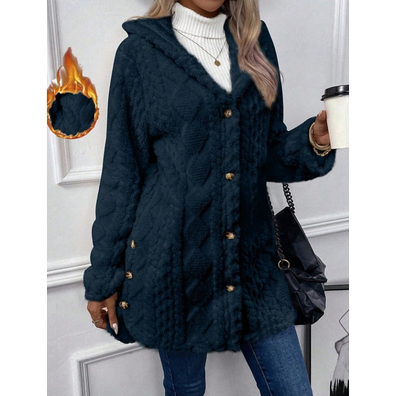 Fleece Hooded Jacket Women's Textured Long Sleeve Cardigan Coat Cream – Casual, Winter, Everyday