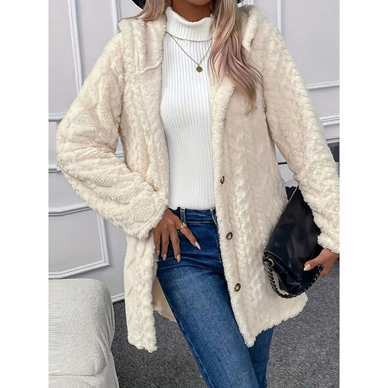 Fleece Hooded Jacket Women's Textured Long Sleeve Cardigan Coat Cream – Casual, Winter, Everyday