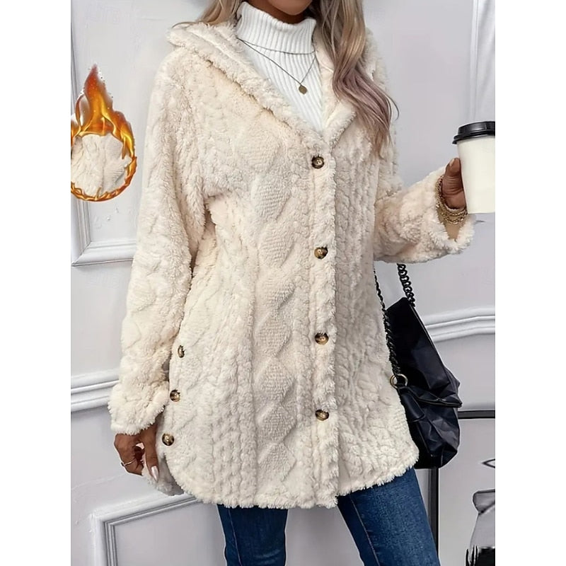 Fleece Hooded Jacket Women's Textured Long Sleeve Cardigan Coat Cream – Casual, Winter, Everyday