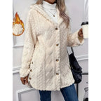 Fleece Hooded Jacket Women's Textured Long Sleeve Cardigan Coat Cream – Casual, Winter, Everyday