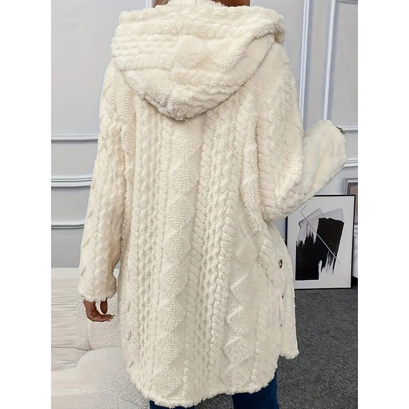 Fleece Hooded Jacket Women's Textured Long Sleeve Cardigan Coat Cream – Casual, Winter, Everyday